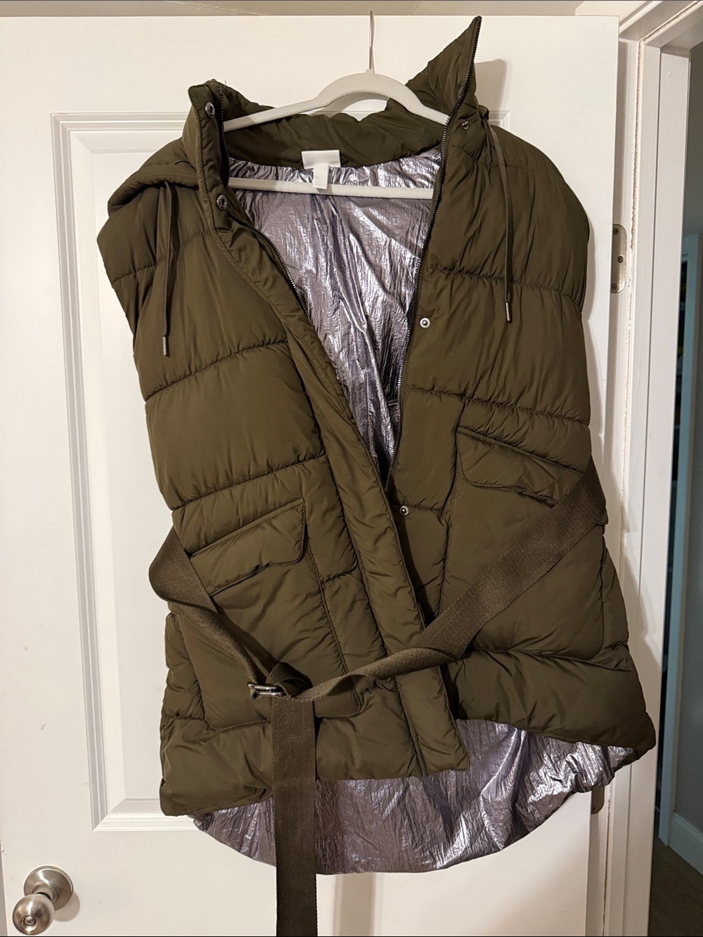 Zella XL Olive Puffer Vest with Belt and Hood